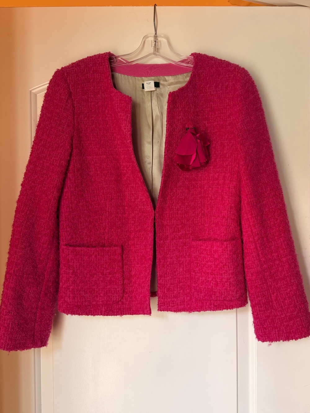 J. Crew Hot Pink Tweed Open-Front Blazer with Fabric Brooch